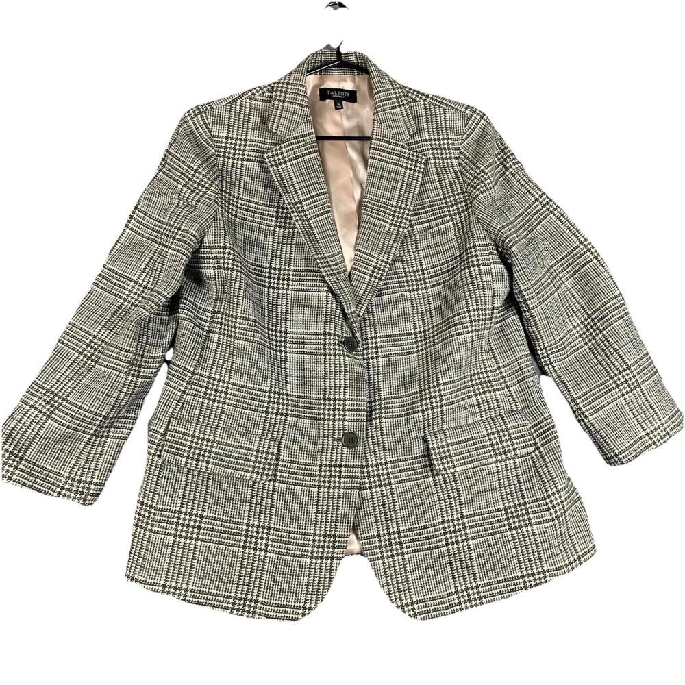 Talbots Blazer Jacket Womens Size 14 Wool Houndstooth Black White Glen Plaid